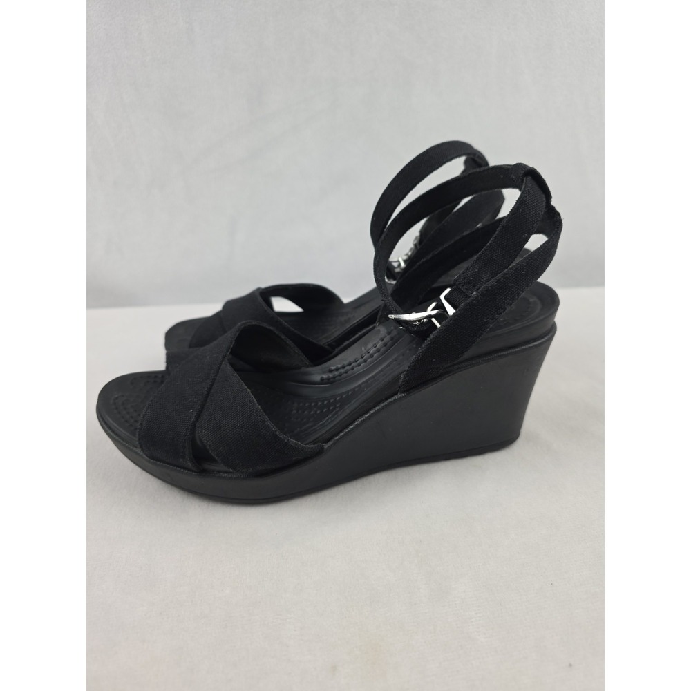 Crocs Leigh II Ankle CrossStrap Wedge Sandal Women's Size 6  Black - Picture 3 of 8